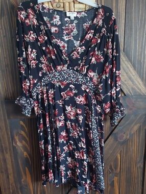 Umgee Floral V-Neck Fit & Flare Dress in Black, Burgundy, And Sage Green